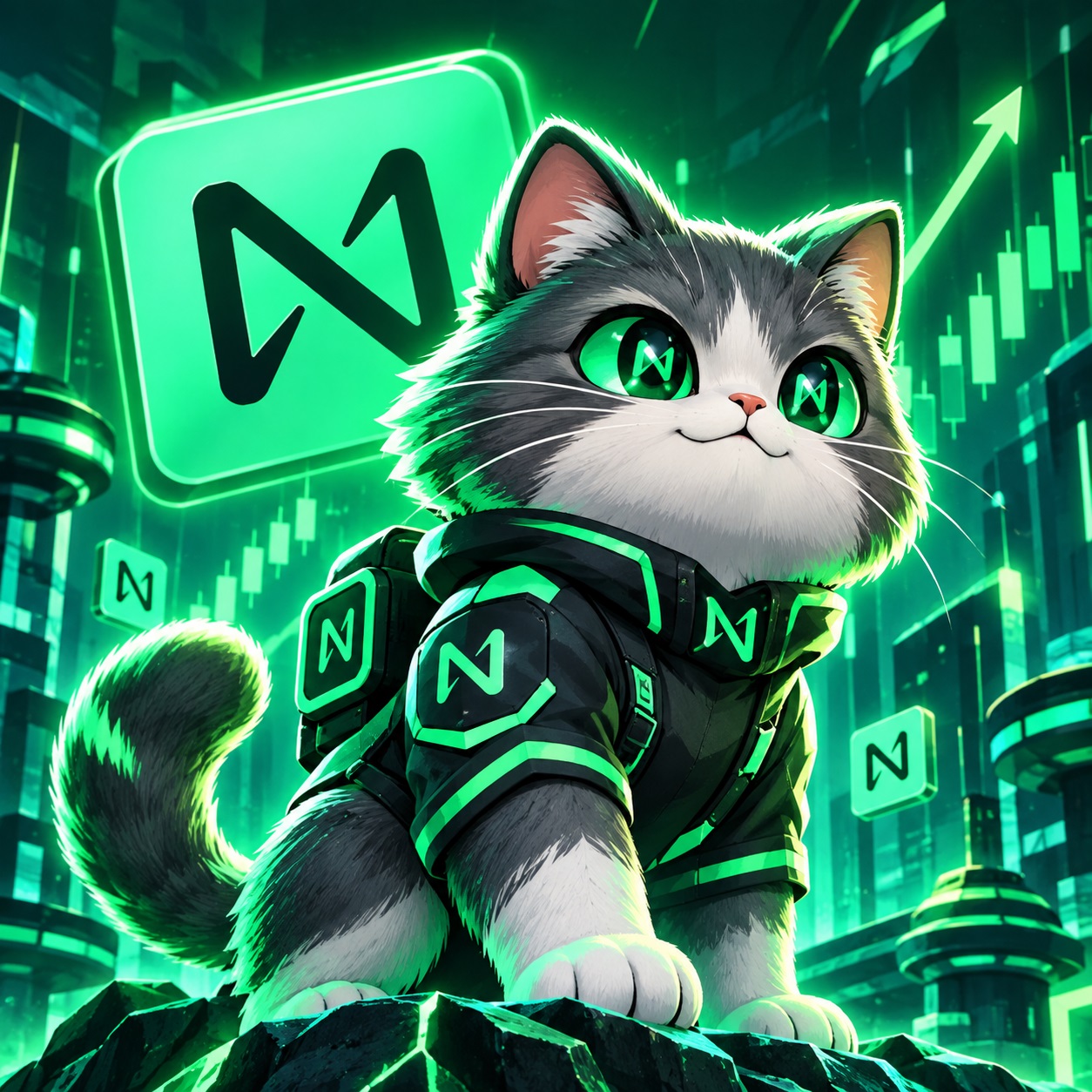 Near Cat, a gray and white kitten in a black hoodie with neon green eyes