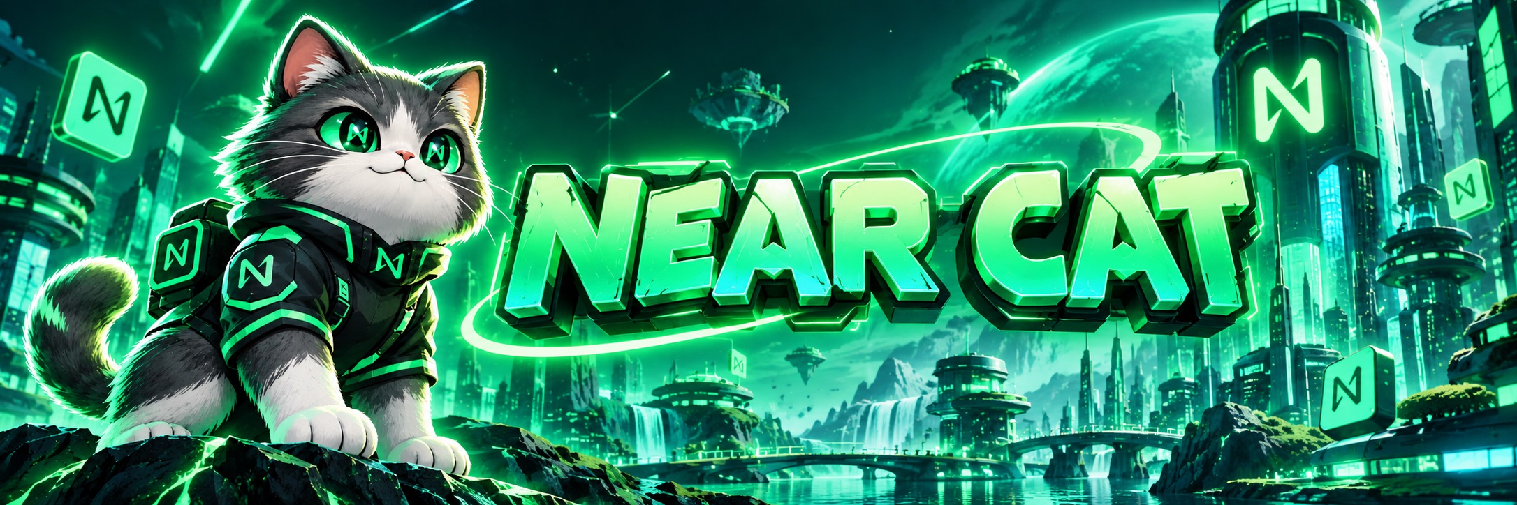Near Cat seated on rocks in front of a neon green city, with the title Near Cat