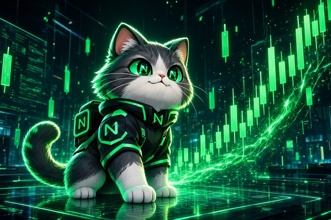 Near Cat watching a rising neon green candlestick chart