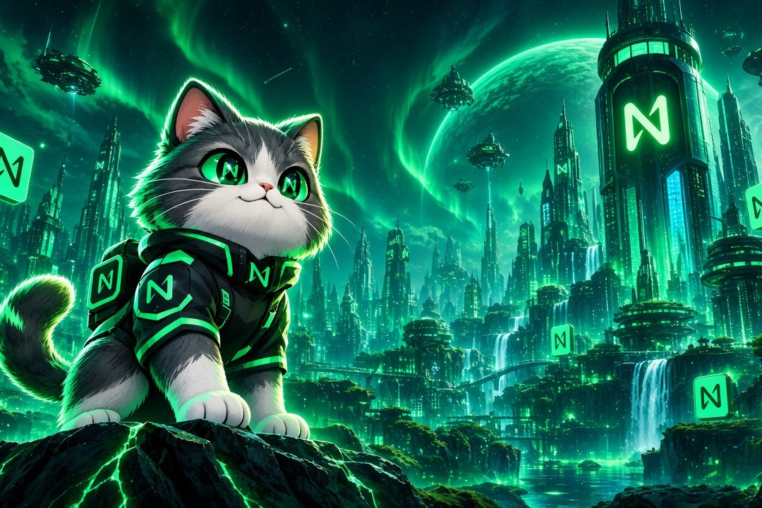 Near Cat on a cliff above a neon green futuristic city