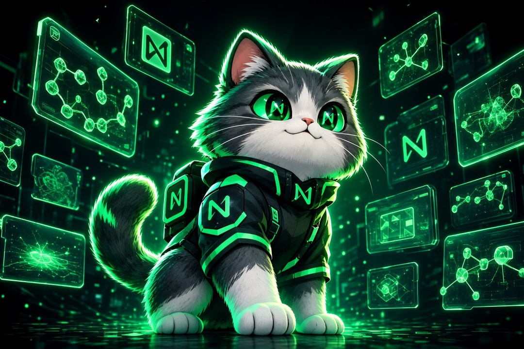 Near Cat surrounded by floating green holographic panels