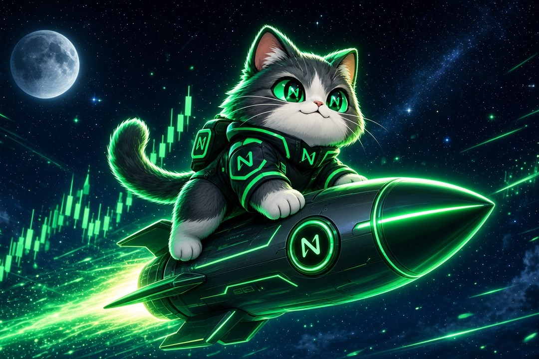 Near Cat riding a neon rocket past a trail of green candles