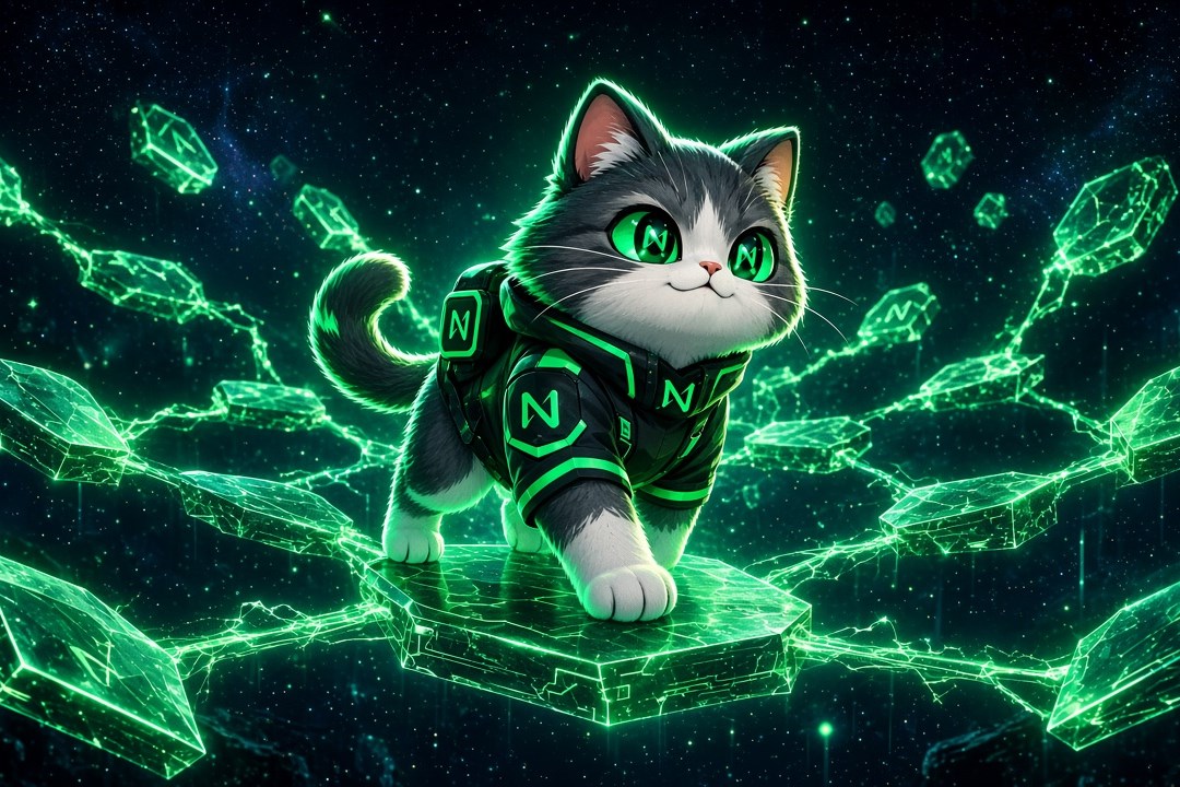Near Cat stepping across glowing hexagonal shards in space