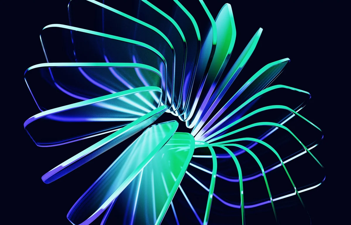 A spiral of green and blue glass blades, from near.org